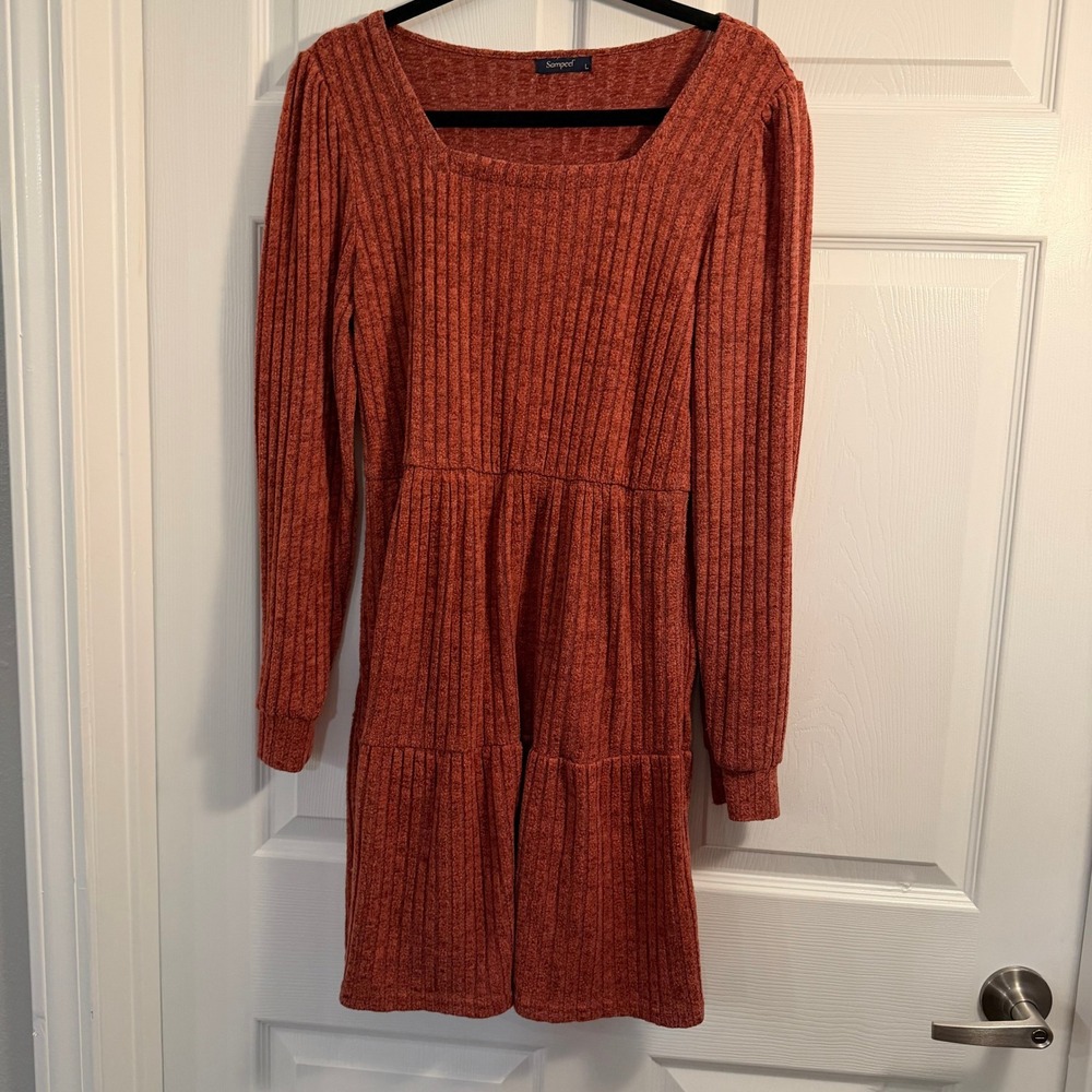 Sampeel Ribbed Knit Mini Dress Rust Orange Large Boho Tiered Casual Fall Fashion